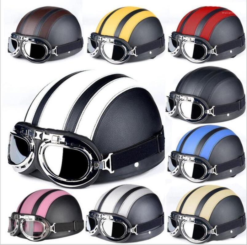 

Retro Genuine Leather Motorcycle Helmet 10colors +5colors goggles Four seasons electrity vehocle universal helmets1, Brown