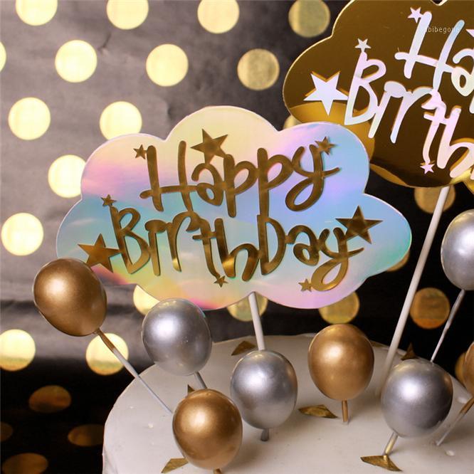 

10pcs 30pcs Gold Silver Laser Cloud Balloon "Happy Birthday" 3D Cake Topper Party wedding cake Decoration Dessert lovely Gift1