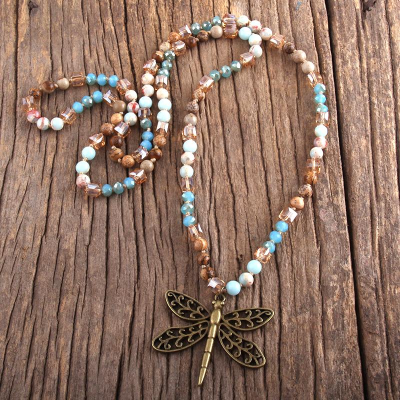 

RH Fashion Boho Jewelry 6mm Natural Stones And Glass Dragonfly Pendant Necklace Bohemai Beads Knotted Necklaces For Women Gift