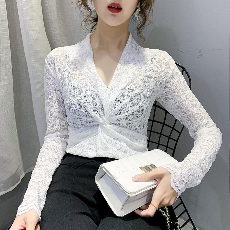 

Women mesh lace blouse Shirt spring autumn long sleeve women tops ladies sexy V-neck pleated hollow thin lace party shirt female, Beige