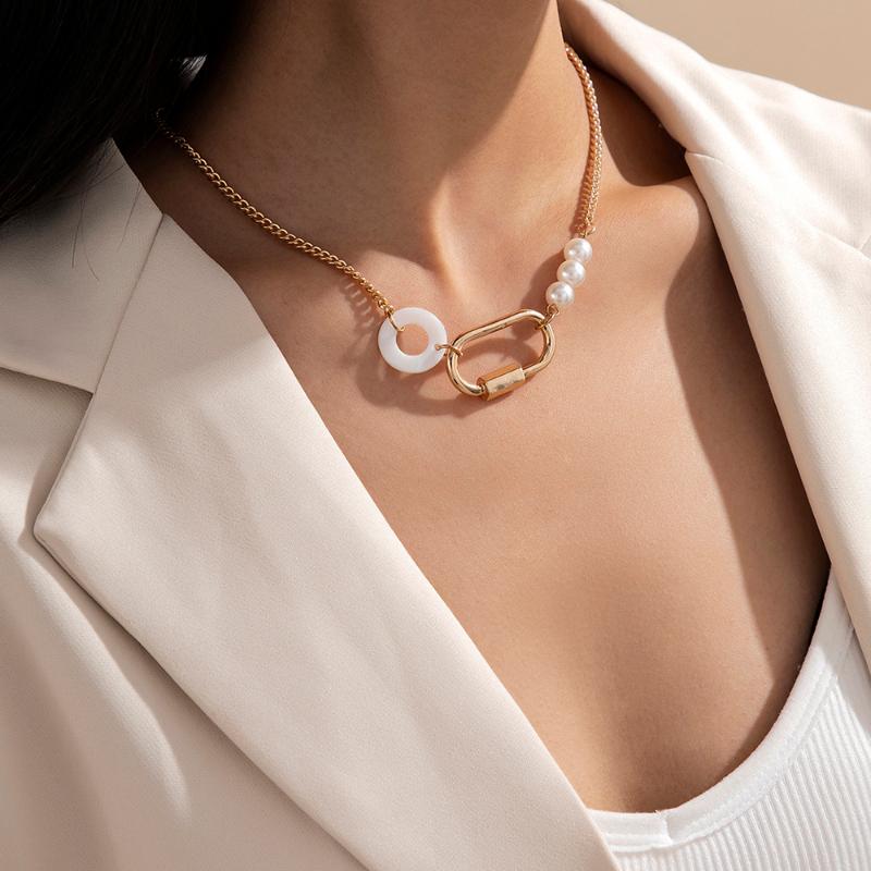 

Lacteo Steampunk Unique Pendant Necklace Jeweley for Women Hip Hop Imitation Pearl Chain Round Circle Choker Necklace