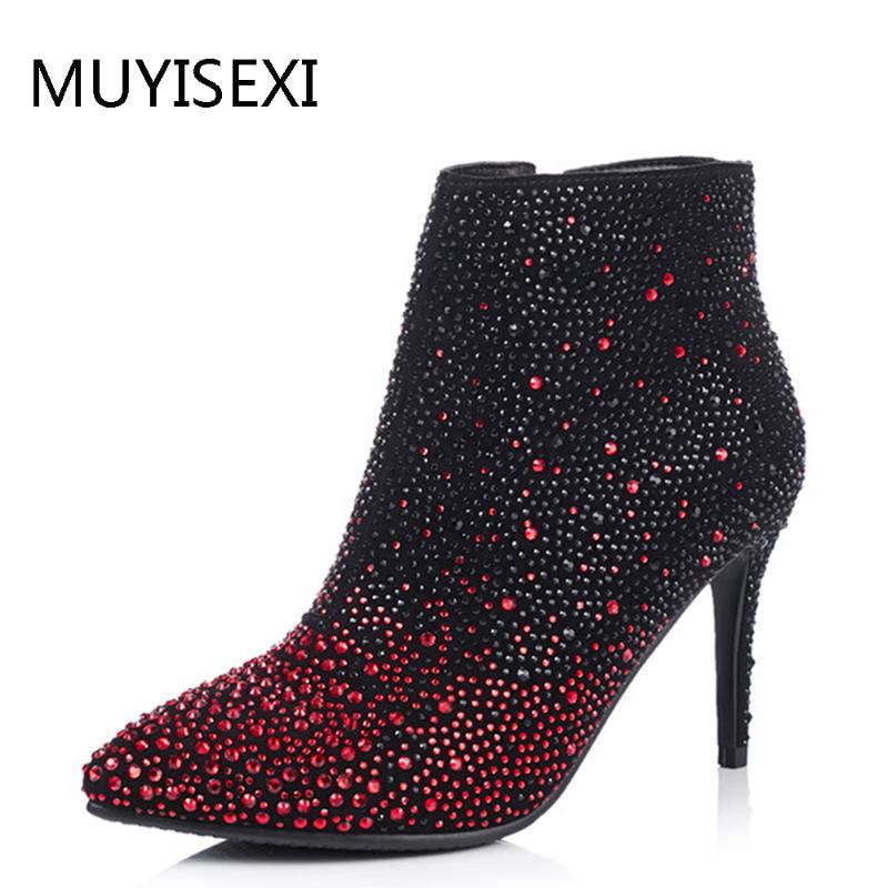 

Party Shoes Crystal Ankle Boots for Women Rhinestone Sheepskin Pointed Toe 8.5cm 6.5cm Thin High Heel Women Boots PLGZ05 MUYIS, Black