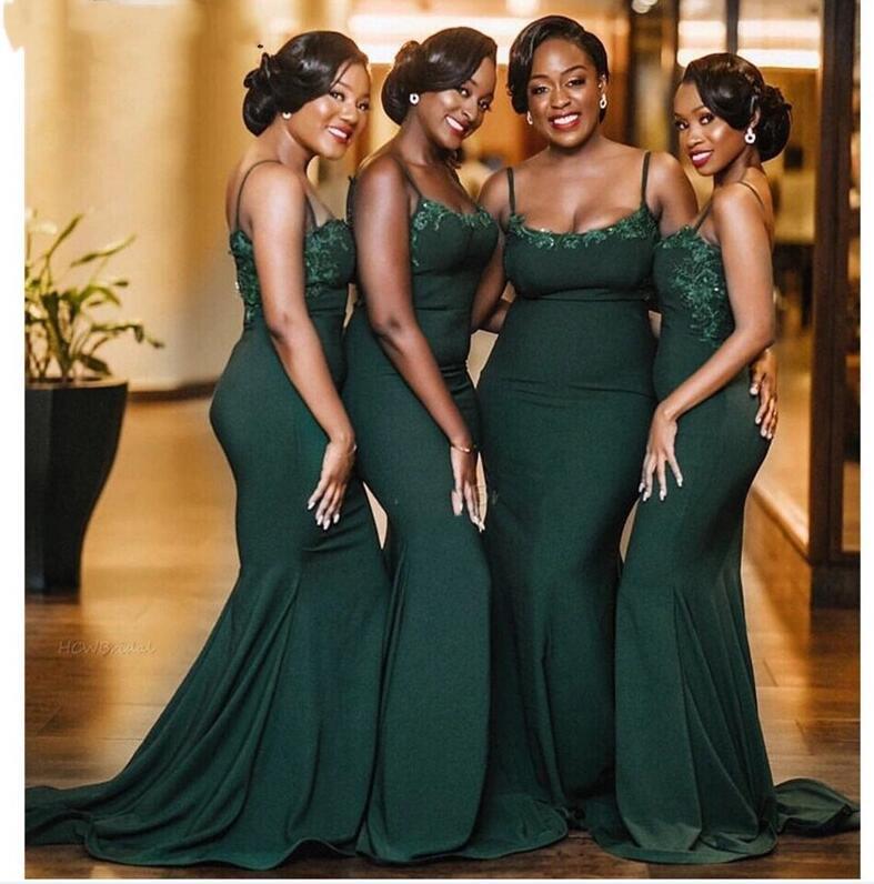 

Spring 2019 Green Bridesmaid Dresses Long Spaghetti Neck Mermaid Lace and Chiffon New Arrival Maid of Honor Dress for Bridal Party