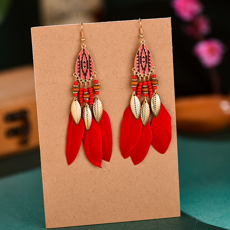 

2021 Bohemian Red Dream Catcher Leaf Feather Ladies Earrings Women Summer Indian Jewelry Natural Wood Drop Dangle Earrings
