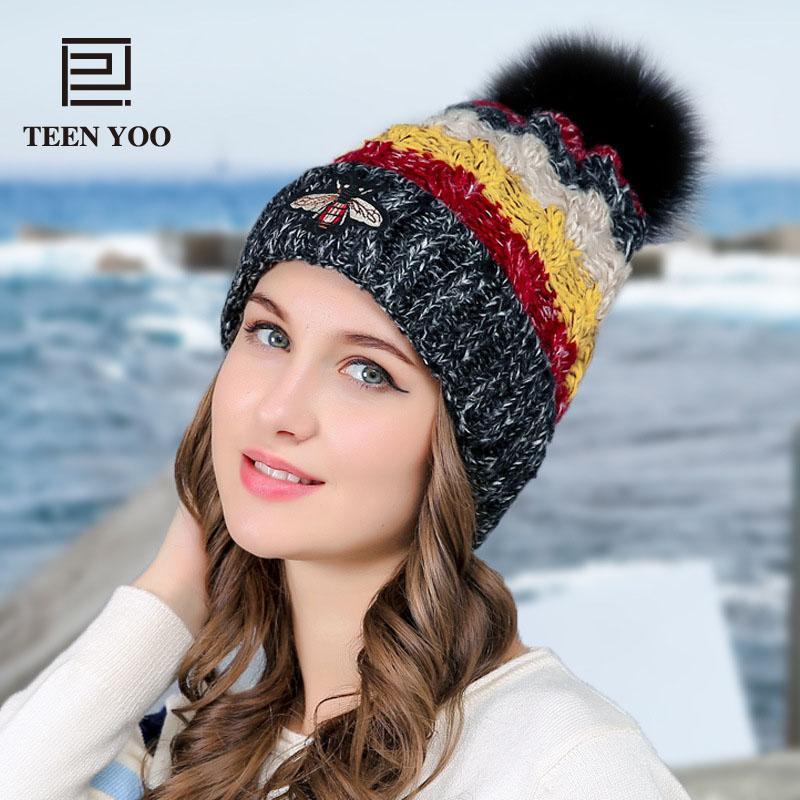 

Winter Hat For Women High Quality Warm Beanies Cap Real Fur Pompom Striped Hats Bonnet Girls Casual Hat New Brand TEENYOO1, Black