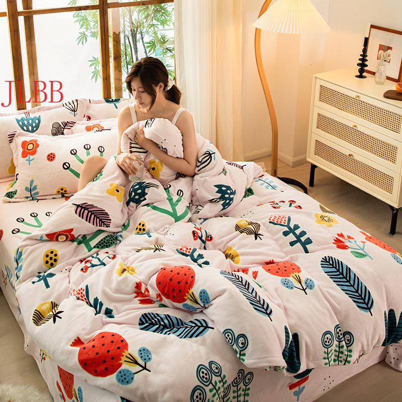 

Fleece warm winter bedding 2021 new duvet cover set flannel fleece bed flat sheet 3/ 4pcs home bedclothes caroset bed linen set, Flower dark 1