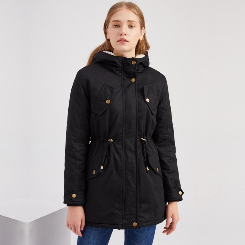 

Women Drawstring Hoodie Coat Warm Inside Fleece Padded Coat Slim Zipper Cotton Parkas Pocket Warm Female Outwear #3, Black