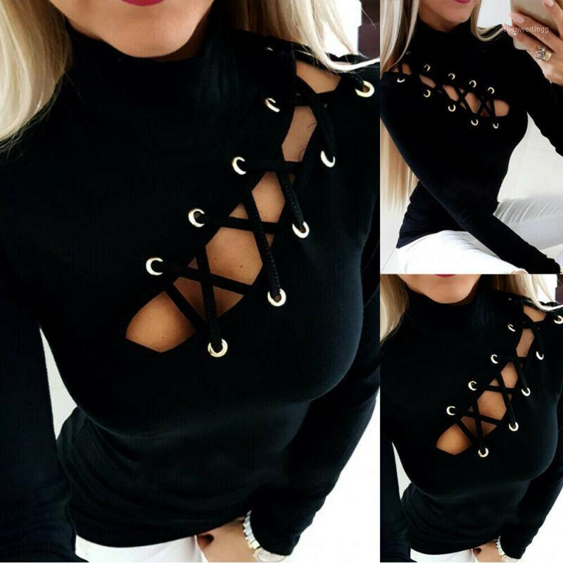 

Womens Jumper T-Shirts Lace Up Slim Fit Tee tops Female 2020 Korean Style Long Sleeve Bandage Bodycon Pullover Tops Tee Mujer1, Black