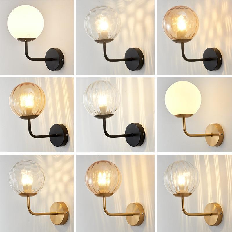 

Bed Side Nordic White Amber Glass Led Wall Lamp Bedroom E27 Black Gold Metal Led Wall Scones Lustre Indoor Lighting Fixtures