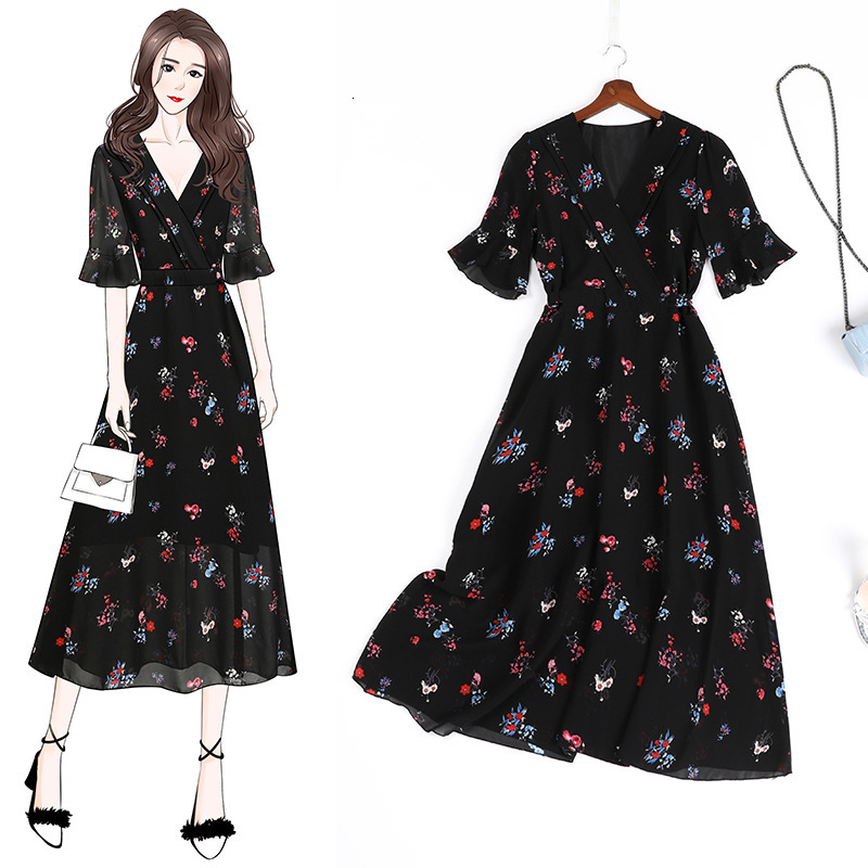 

2021 Woman Will See Summer 6l Long Chiffon Flower Dressed Feminine More Stylish Young Cape Show Thin 11065 Dresses Ejcb, Black