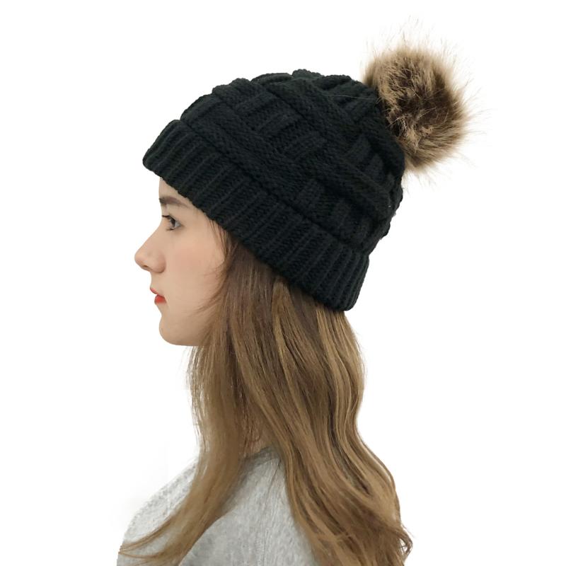 

Winter Knitted Warm Woolen Hat Criss Cross Pompom Women Beanie Hat Autumn Earmuff Thermal Casual Female Skullies Cap, Pink