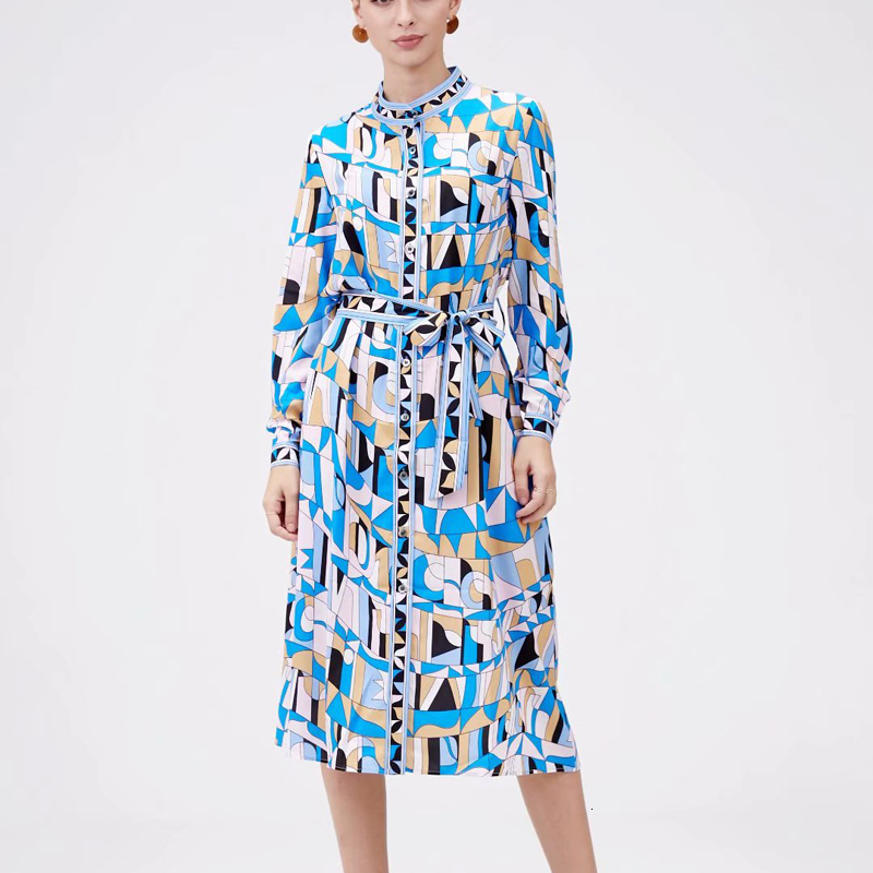 

2021 Spring New Retro Style Printing Long Sleeves Belt Self-cultivation Temperament Casual Shirt Dress High Quality 88qa, Multiple