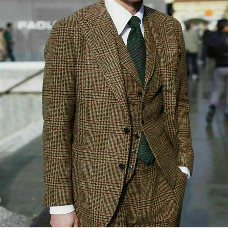 

3 Pieces Fashion Men Suits Houndstooth Custom Made Man Suits Wool Thick Modern Tuxedos Peaked Lapel Blazer Coat+Pant+Vest, Fabric d