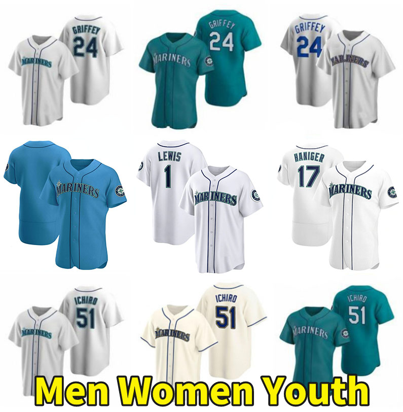 

Seattle Ken Griffey Jr. Mariners Baseball Jerseys Mitch Haniger Ichiro Suzuki Ty France Kyle Lewis Luis Torrens Jarred Kelenic Dylan Moore Yusei Kikuchi Flex Base, Men color 1