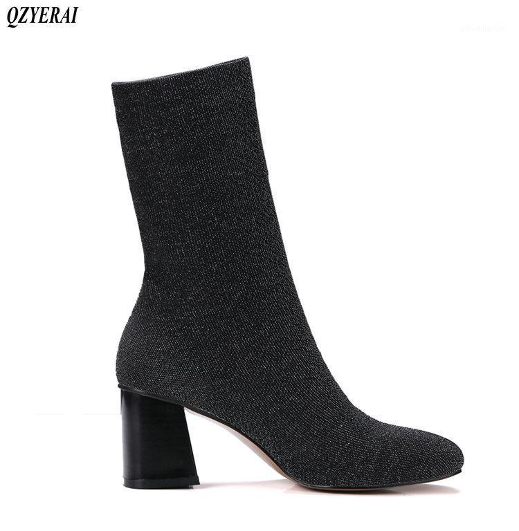 

QZYERAI 2020 Spring and autumn new fashion stretch female boots comfortable socks female boots thick heels large size 34-431, Black