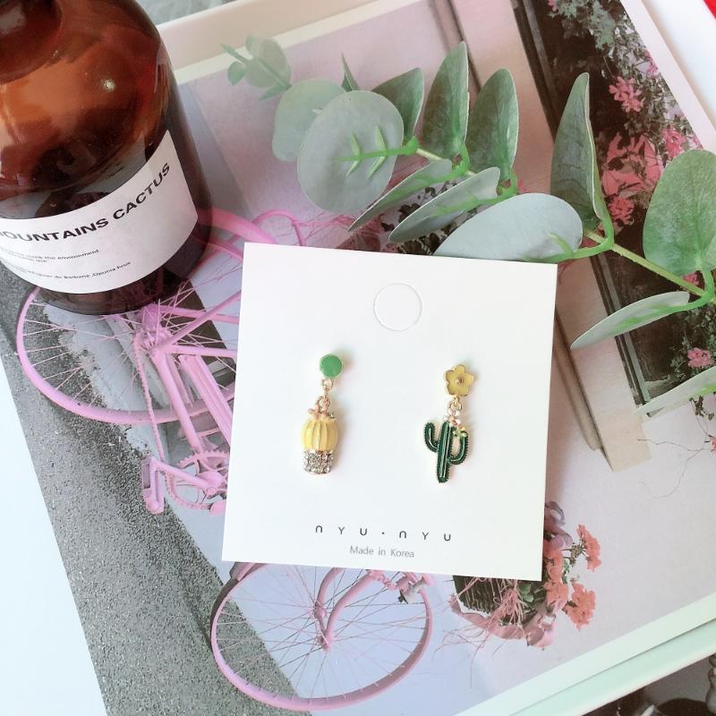 

SQUERIM Korean Sweet Cartoon Rhinestone Enamel Flower Cactus Asymmetric Geometry Drop Earrings for Women Gifts Party Jewelry