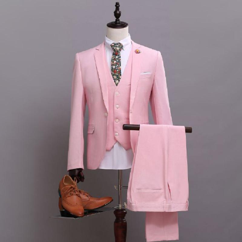 

2020 Pink Formal Wedding Men Suits Notched Lapel Custom Made Groom Tuxedos Three Piece Jacket Pants Vest, Beige