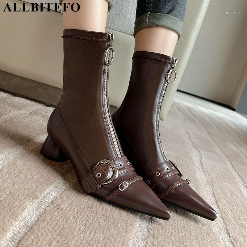

ALLBITEFO fashion brand thick heels ankle boots for women genuine leather high heels women boots buckle high heel shoes1, As picture