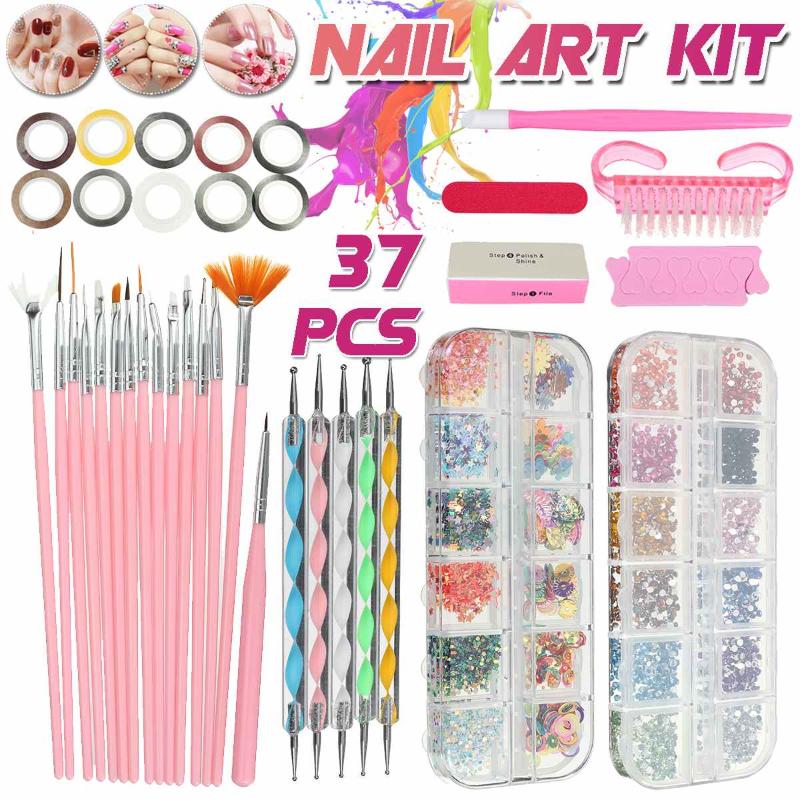 

37 Pcs Nail Art Brushes Design Set Rhinestones Decoration Box Dotting Painting Drawing Polish Pen Tools Kit