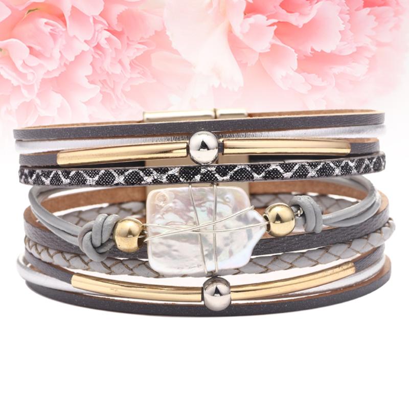 

1Pc Bohemian Style Leather Bracelet Delicate Pearl Inlaid Multilayer Bangle Elegant Charming Wrist Jewelry for Ladies (Gre
