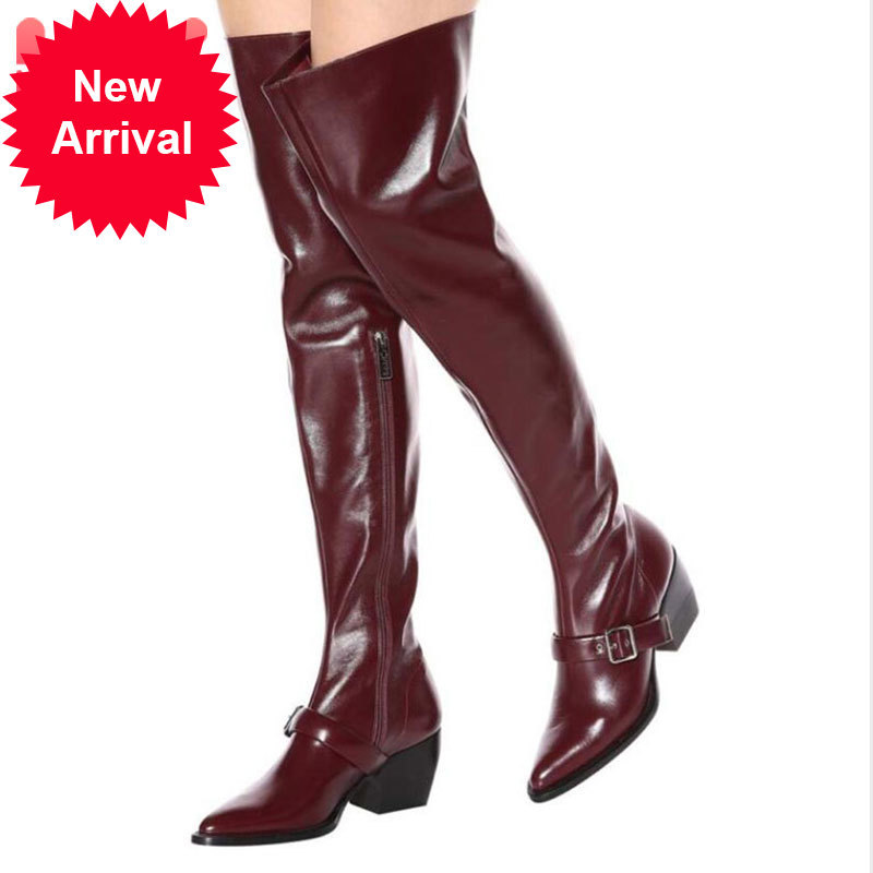 

Top quality plus women's on the knee Thick heel buckle metal toe shoes pointed winter hot boots, Black.