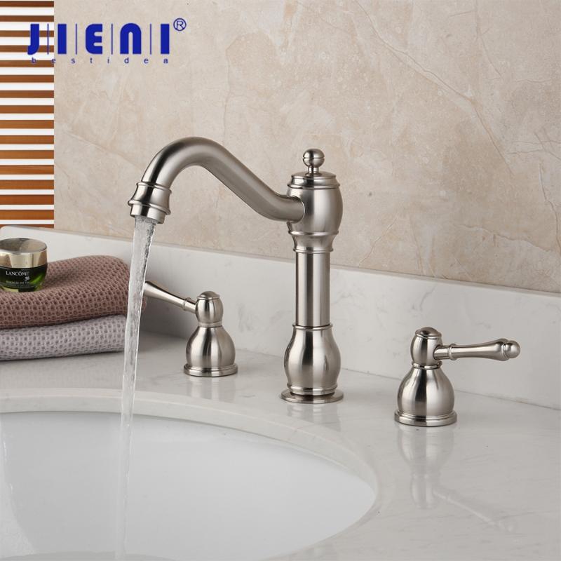 

JIENI Nickel Brush Bathroom Wash Basin Sink Tap Solid Brass Vessel 3 Pcs Dual Handles Bathtub Mixer Tap Faucet Swivel Spray