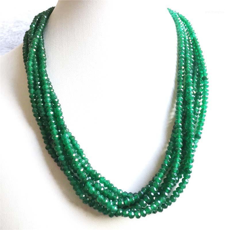 

Luxury 3*4MM Cut Clear Green Malaysia Jade Necklace Multilayer Faceted 1/3/6Strands Adjustable Beaded Chain Choker For Prom Gift Chains, Silver