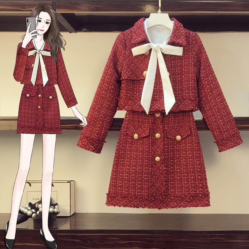 

Autumn New Large Size Women's Woolen Short Coat + White Bow Shirt + Short Skirt Female 3-Piece Set -4XL, 2 pieces