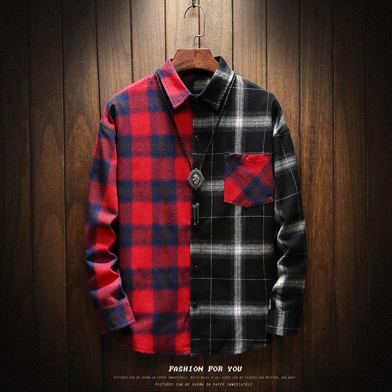 

Autumn New Shirt Men's Stitching Contrast Color Loose Plaid Shirt Men's Fashion Hip Hop Street Style Casual Size S-2XL, Green