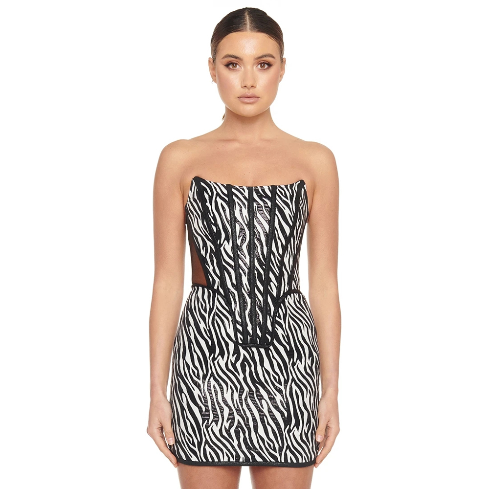 

2021 The New Sexy Strapless Black and White Female Bandage Party Dress 3wv2, Blue
