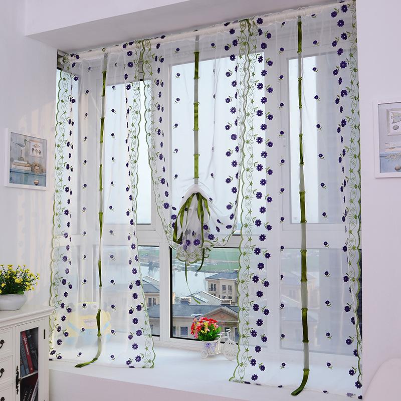 

Blue Flower Kitchen Balcony Voile Roman Blinds Liftable Curtains For Bedroom Tulle Voile Window Curtain Children's Room, Tube curtain