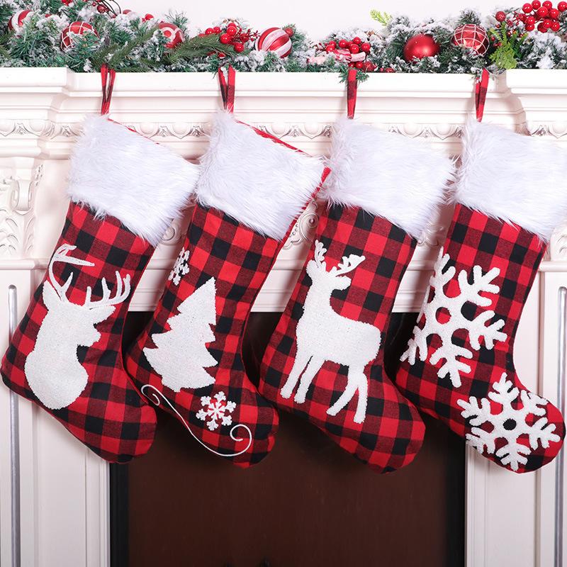 

Faux Fur Christmas Stockings Red Plaid Reindeer Elk Snowflake Faceless Man 2020 Xmas Stocking Holder New Year Kids Gifts Bags