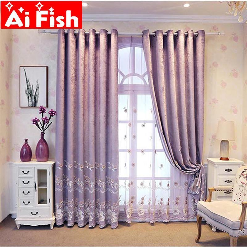 

European lilac and purple embossed 3D flower embroidered blackout curtains suitable for living room sheer tulle for bedroom#301