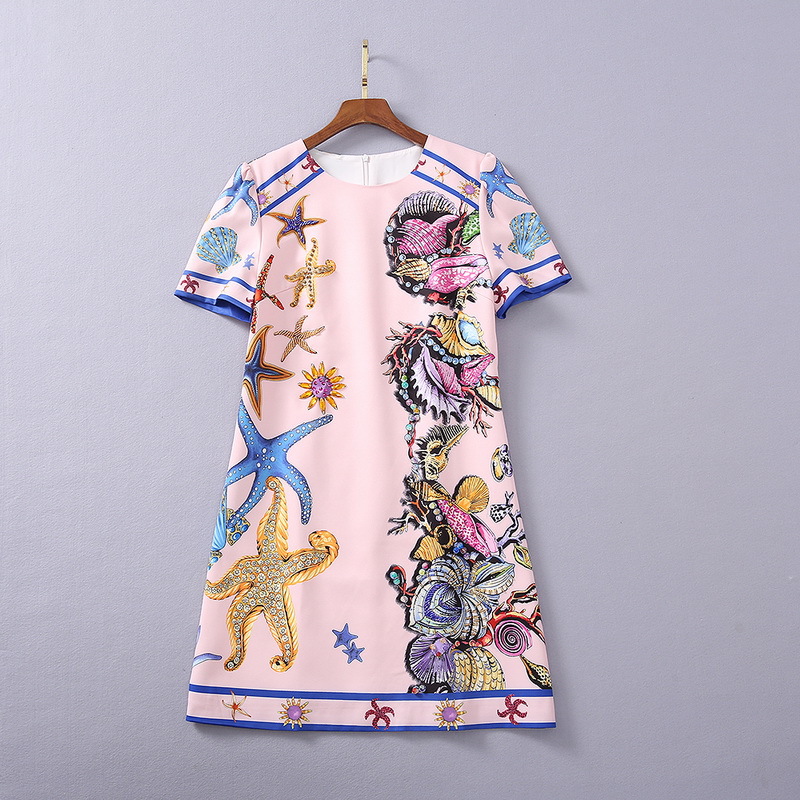 

European and American women' clothing 2021 The new spring Short sleeve nail bead Starfish printing Fashionable dress, Pink
