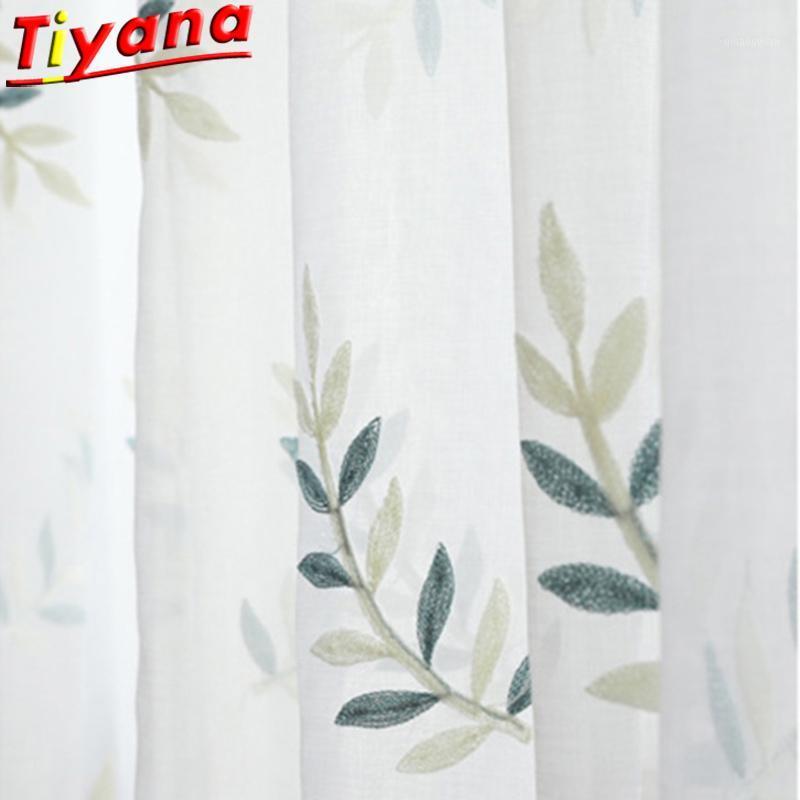 

Blue/Green Leaves Embroidery Tulle Curtains for Living Room Fine Leaves Sheer Volie for Kitchen Balcony X-HM456#301