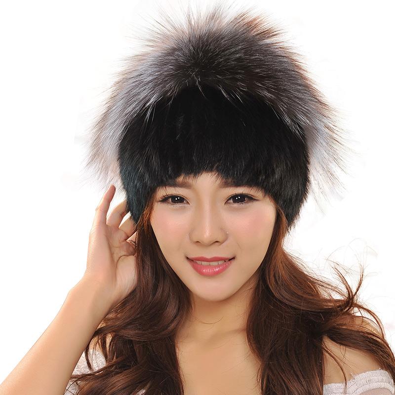 

High Quality Mink Hats Women Winter Gorros Knitted Mink Hats cap With Top Decoration Skullies Beanies Gorros, White