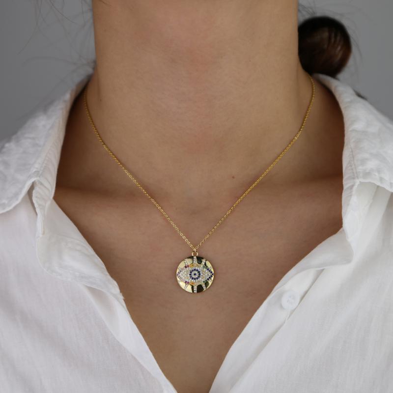 

Wholesale gold color turkish evil eye charm pendant necklace for girl paved tiny gorgeous rainbow CZ chic women jewelry