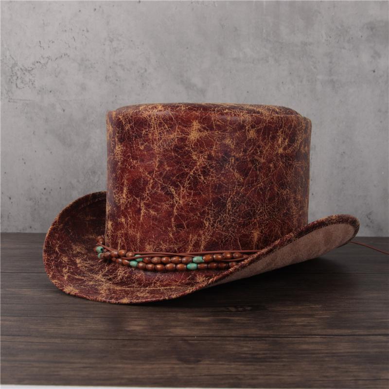 

2021 Fashion Women Men Leather Top Hat Flat Fedora Hat Magic Steampunk Cosplay Pork Pie Party Caps Dropshiping 13cm, Gold