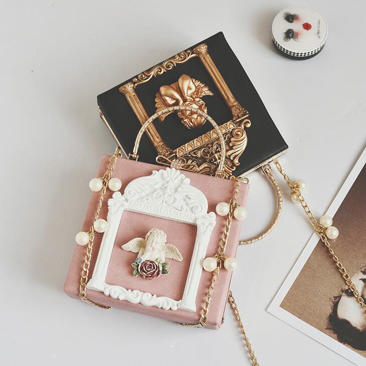 

Factory wholesale women handbag street trend angel carved women chain bag sweet and lovely Pearl women shoulder bag fashion messenger bag, Black;red