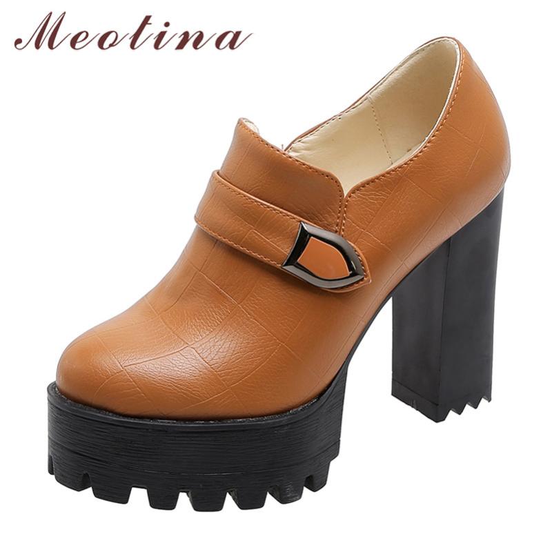 

Meotina High Heels Women Pumps Buckle Platform Thick Heels Shoes Zipper Extreme High Heel Shoes Ladies New Spring Big Size 33-42, Beige