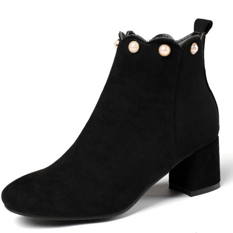 

2021 New Flock Fashion Square High Heel Autumn Winter Women Shoes Casual Round Toe Warm Fur Ankle Boots Size 34-43 K914, Black