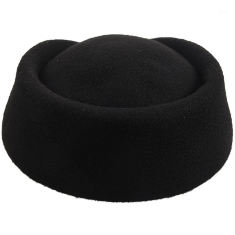 

New Elegant Wool Felt Pillbox Stewardess Air Hostesses Beret Hat Party Base Cap (Black)1