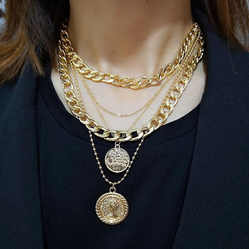 

Hip Hop Punk Chunky Chain Pendant Necklaces Coins Charm Multilayers Chain link Necklaces for women men