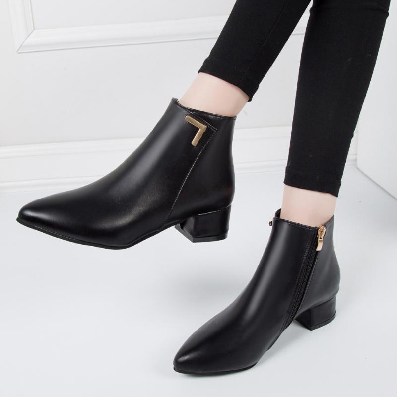 

Women's Fashion Leisure Boots Shoes Solid Square heel Pointed Toe Med Heels Ankle Elegant Boots Classic Shoes Female #827, Bk