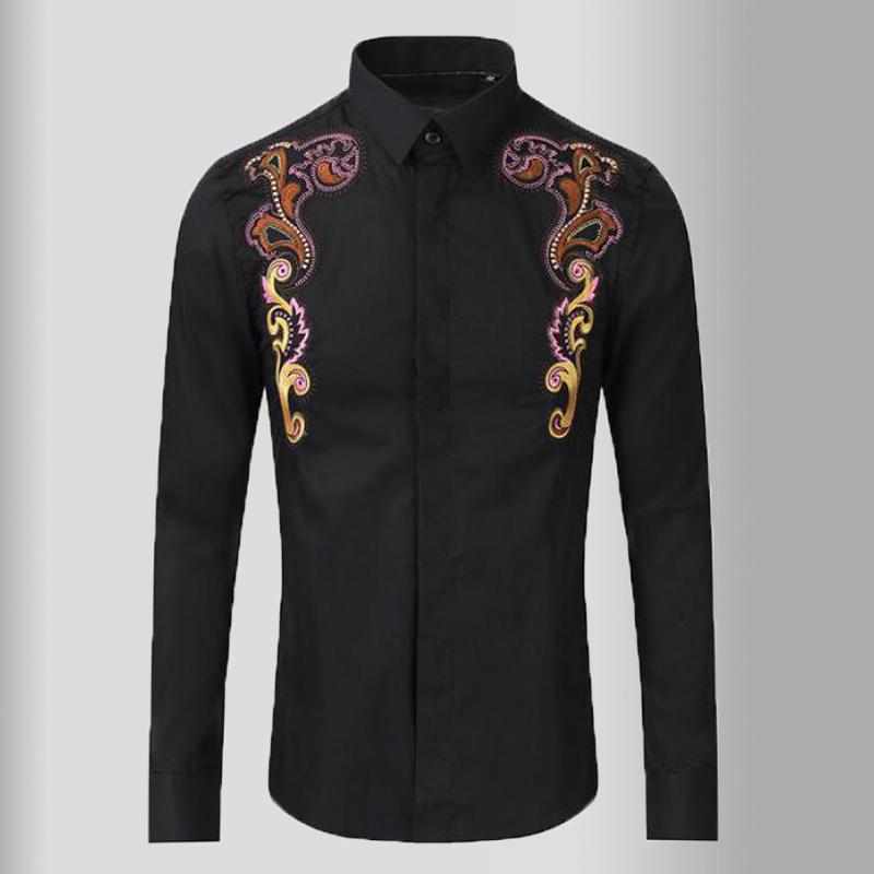 

2020 Black Mens Shirts High Quality Flower Embroidery Long Sleeve Casual Mens Dress Shirts Slim Fit Party Male 3XL, As pic