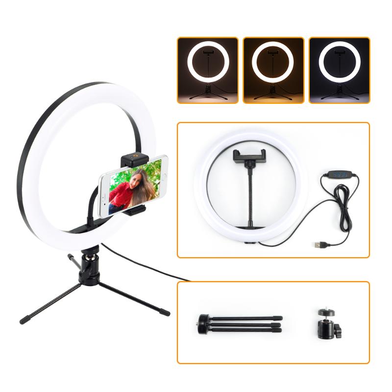 

Photography LED Selfie Ring Light 26CM Dimmable Camera Phone Ring Lamp 10inch With Table Tripods For Makeup Video Live Studio