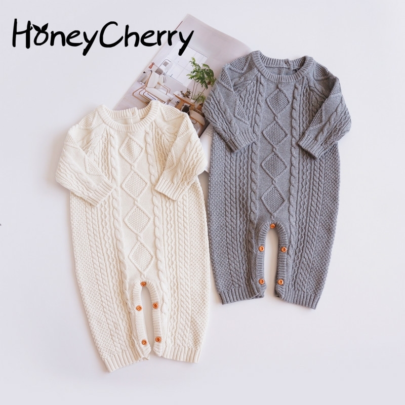 

Spring And Autumn Baby Girl Romper Creeper Suit For Boys Girls Baby One Piece Knitting Sweater Newborn Outing 201127, Beige