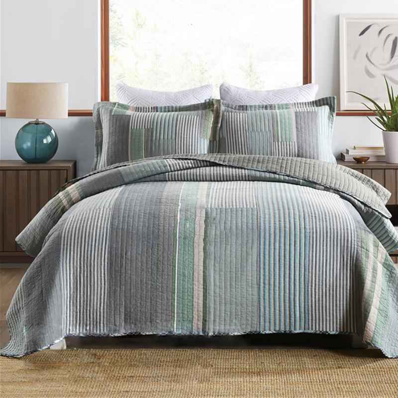 

Quality Cotton Bedspread Quilt Set 3pcs Coverlet Yarn Dyed Fabric Quilts Quilted Bed Cover Pillowcase  Size Stripe Blanket1, Gray