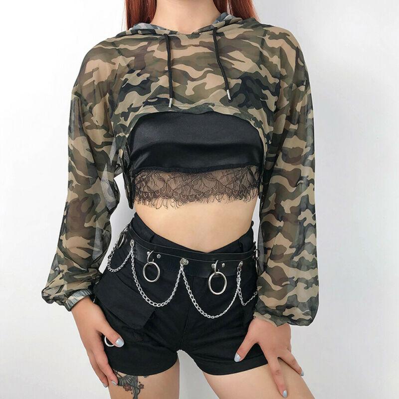

2020 Fashion Women' Summer Fashion Camouflage Crop Tops Mesh Sheer Perspective Long Sleeve Hooded Blouse Tops Shirts Streewear, As pic
