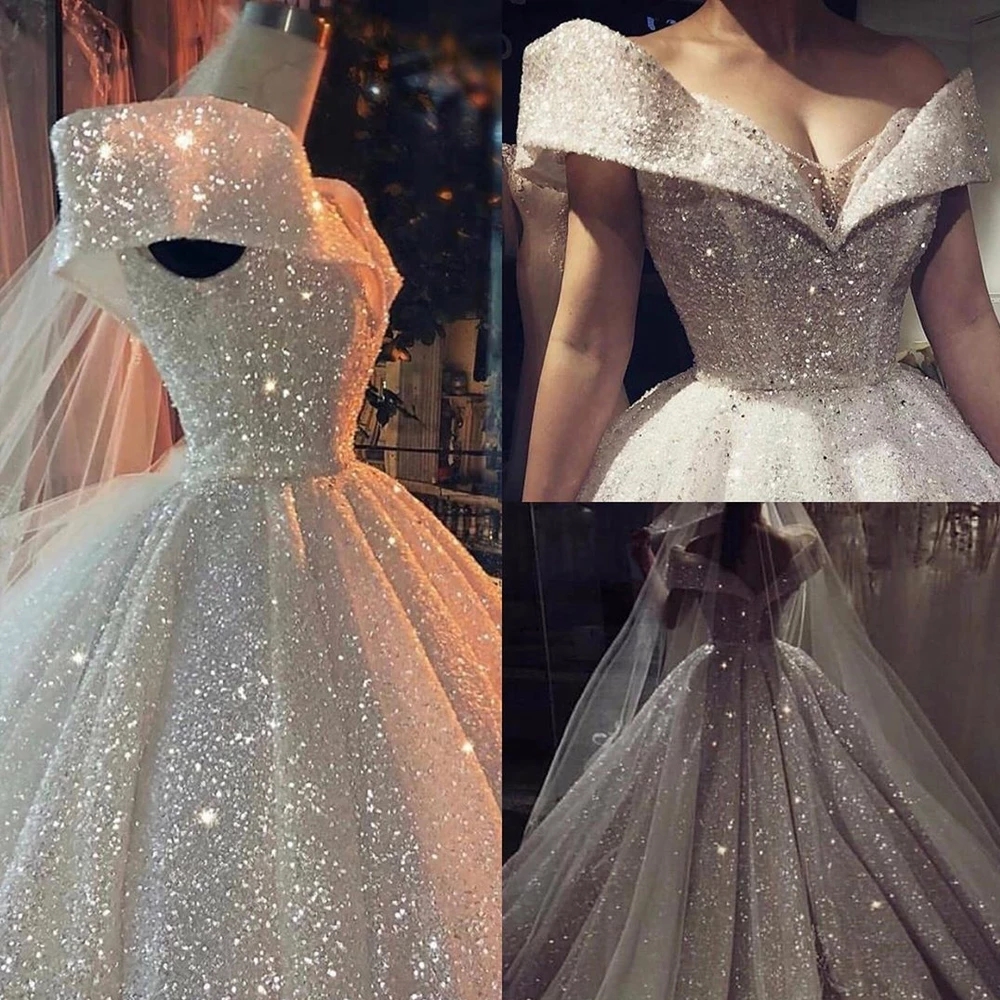 

Luxury Sparkle Sequins Ball Gown Wedding Dress 2021 Off The Shoulder Dubai Arabic Bridal Gowns Long Backless Shiny Vestidos Plus Size AL7973, Ivory